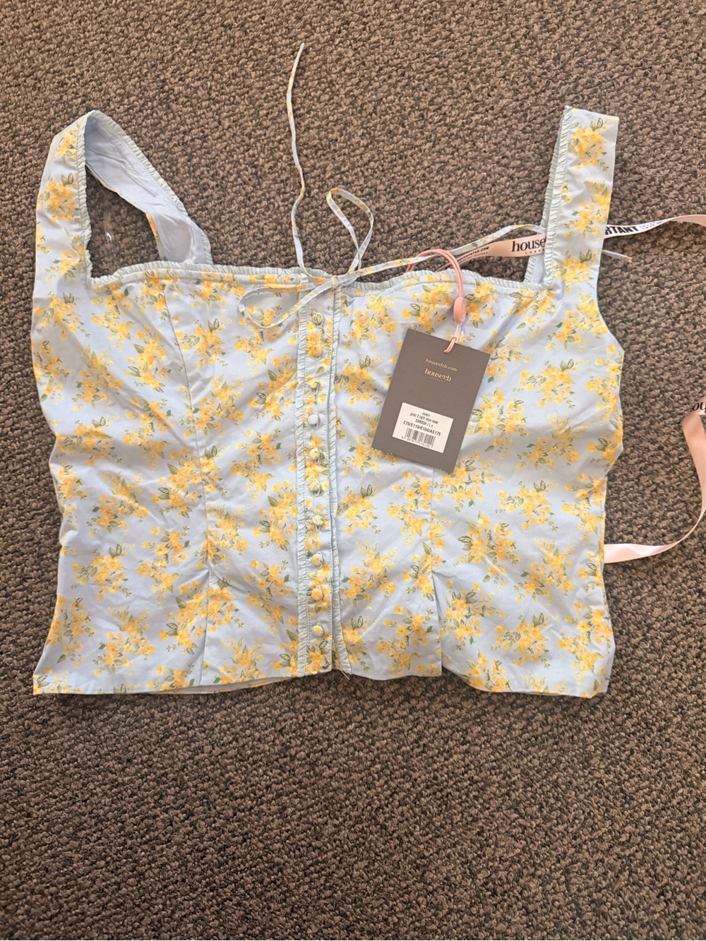 House of CB Pale Blue & Yellow Floral Button Crop Top
